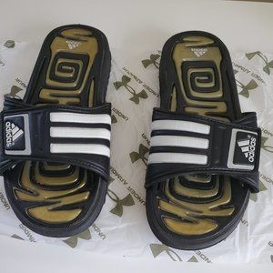 Men's Adidas Exossage, size 8, slipper, used, color is black with white stripes